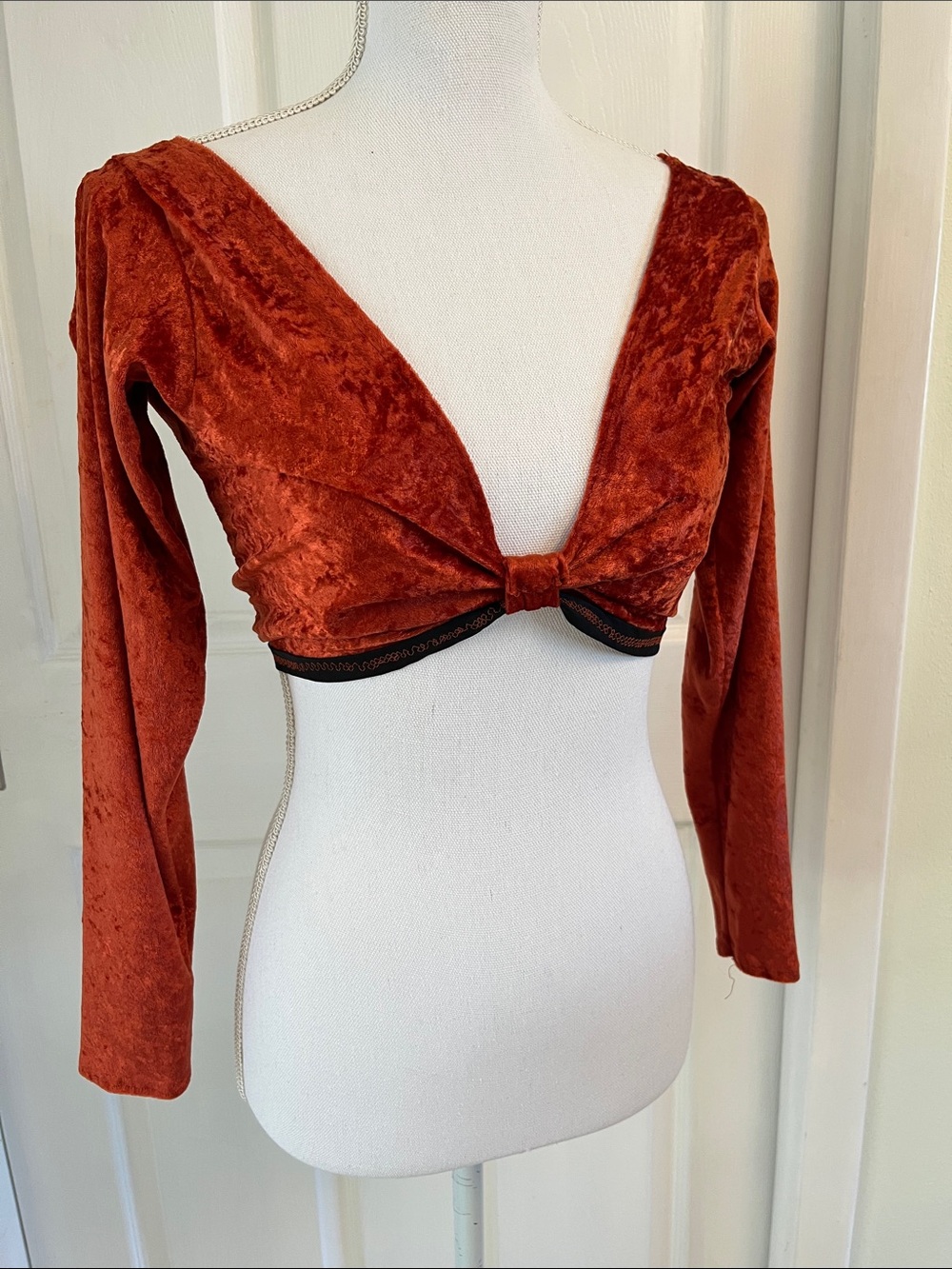 Rust Velvet Long Sleeve Knot Front Crop Top Belly Dance Choli size M